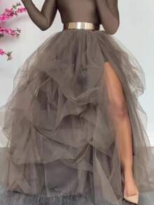 Women Long Tulle Tutu Skirt High Waist Layered A-Line Puff Mesh Skirt Floor Length Split Half-Dress Princess Skirt - 深灰色 - 查看 1