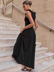 大码女式长款 A 字裙，肩部系带和蝴蝶结，黑色无袖，松紧腰身，夏季休闲连衣裙，节日连衣裙，女士夏季服装，度假、通勤和日常穿着 - 黑色 - 查看 4