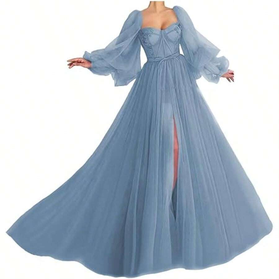Puffy Sleeve Prom Dress Sweetheart Tulle Ball Gown with Split Princess Wedding Formal Evening Gowns    fg2639