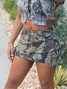 Steph T American Camouflage Casual A-Line Mini Denim Skirt, Stylish Skinny Fit For Women, Spring/Autumn/Summer Fashion Summer Green Camo Y2K Outfit Military Style - Multicolor - View 3