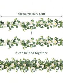 1/2 件 Mis Aman，69 英寸/5.74 英尺人造桉树花环配白玫瑰，假玫瑰绿色花环花环，适用于复活节、母亲节装饰、房间装饰、婚礼装饰派对、桌旗装饰、地帘装饰、场景装饰、家居装饰（白色） - 白色 - 查看 9