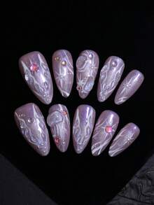 魔法海水母和美人鱼尾巴手绘指甲装饰 100% 手工制作四季指甲法式光泽闪光紫色指甲设计手工指甲 10 片杏仁假指甲可重复使用美甲产品快速使用