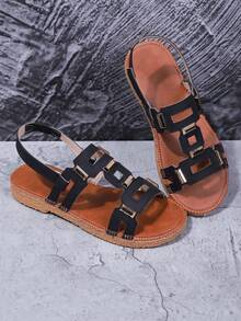 Sandali piatti da donna - Design con bottone e cinturino elastico, sandali infradito piatti bianchi stampati, infradito scivolanti, ciabatte aperte monocromo antiscivolo per interni ed esterni