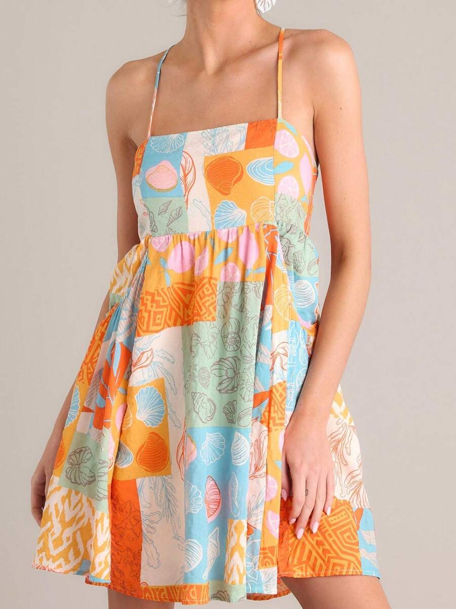Women's Summer Beach Cami Dress Sleeveless Open Back Cross Seashell Print Dresses - 彩色 - 查看 1