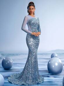 GIFORU 优雅的银蓝色美人鱼晚礼服 - 奢华的水晶装饰婚礼宾客礼服，配有 3D 亮片和透明幻觉袖子，适合庆典/晚会/鸡尾酒会的红毯正式礼服，派对礼服