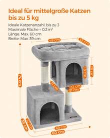 Kratzbaum M-XL Katzenbaum, mit 2 Häuschen, Sisalstämme, kompakt - Hellgrau - Übersicht 6