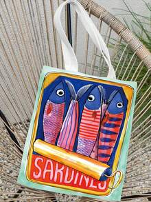 1pc Sardine Printed Tote Bag, Durable Canvas Storage Bag, Double Sided Pattern Shopping Bag, Gift For Friends, Back To School - Multicolor - View 3