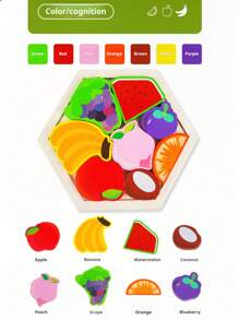 1 Set hölzerne kreative 3D Cartoon Panel Puzzle Geburtstagsgeschenk gestapelter hoher Bauklötze Frühkindliche Bildung Sechseckpuzzle Spielzeug Tier Transport Obst Muster Eltern-Kind interaktives Denkspiel, fördert Farberkennungsfähigkeit und Hand-Augen-Koordination