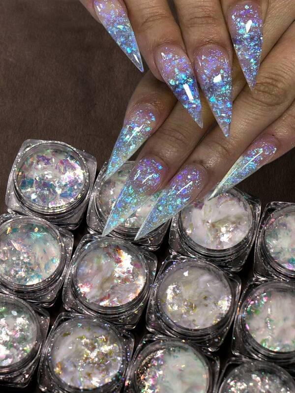 12 Peças Glitter Holográfico de Opalescente para Arte de Unhas, Pó Pigmento Iridescente Aurora Cristal de Gelo, Design de Lantejoulas Cintilantes de Sereia para Decoração de Manicure, Acessórios DIY