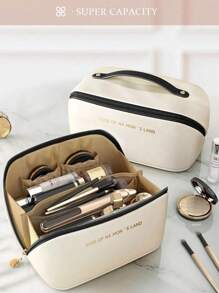 1pc Travel Dual Layer Cosmetic Bag, PU Leather Waterproof Makeup Bag, Large Capacity Toiletry Pouch, Beach Bag, Travel Bag, Portable Makeup Organizer, Makeup Brush Holder, Essential For Holiday, Gift For Friends, Mother's Day, Teacher, Bridesmaid