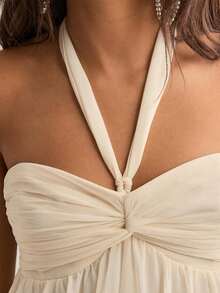 Womens Elegant Strapless Maxi Dress Halter Neck Backless Ruffle Tiered Layer Shirred Long Dress Party Formal Cocktail Dresses - Light Yellow - View 6