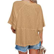 Women's Summer Round Neck Half Flare Sleeve Tops Casual Basic T Shirts Solid Color Loose Fit Tunic Blouse - Màu Khaki - Xem 4
