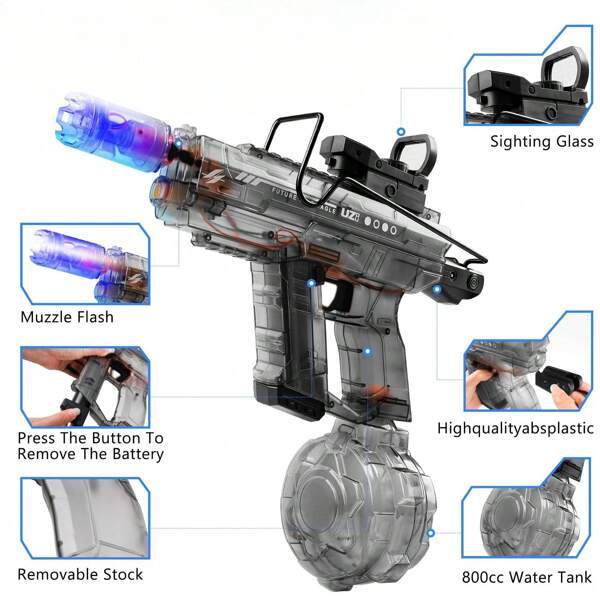 UZI Style Electric Water Gun, Illuminating, Powerful Continuous Spray, Long Shooting Range, Toy Gift For Boys