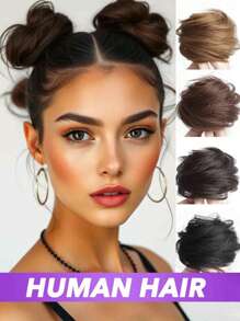 2PCS Messy Bun Hair Piece Human Hair Wavy Stretchy Real Human Hair Scrunchies Hair Bun Donut Elegant Chignon With Elastic Rubber Band Human Hair Tousled Updo Extension Elegant Human Hair Buns #Black #Natural Black #2 #4 Multicolor