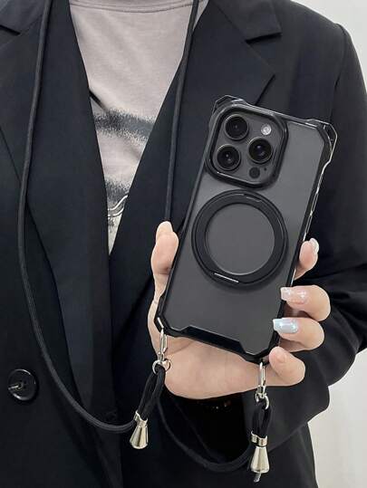 Custodia telefonica di lusso con supporto magnetico a 360 gradi, cordino a tracolla, compatibile con ricarica senza fili magnetica per iPhone 16 15 11 12 13 14 Pro Max Plus, anti-smarrimento