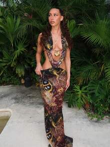 Women's Summer Fashion Elegant Tie Dye Mesh See Through Printed Halter Backless Slit Embellished Maxi Long Dress Beach Vacation Holiday Cover Up Dress Sexy Clothes