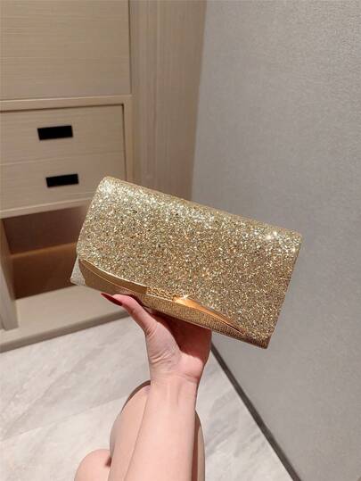 1pc Shiny Metallic Flip Cover Clutch Purse, Decorated Envelope Style Evening Bag For Romantic Wedding, Prom, Party, Bridal, Clutch Bag For Wedding ,Wedding, Wedding Items