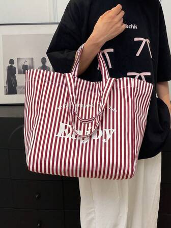 1 pièce Sac fourre-tout à la mode pour femmes, sac à bandoulière, sac à main rectangulaire grande capacité, avec impression de lettre rayée, en matériau canevas résistant aux rayures et durable, convient pour le shopping, les rendez-vous, les fêtes, les déplacements professionnels, sac fourre-tout rouge décontracté, élégant et pratique