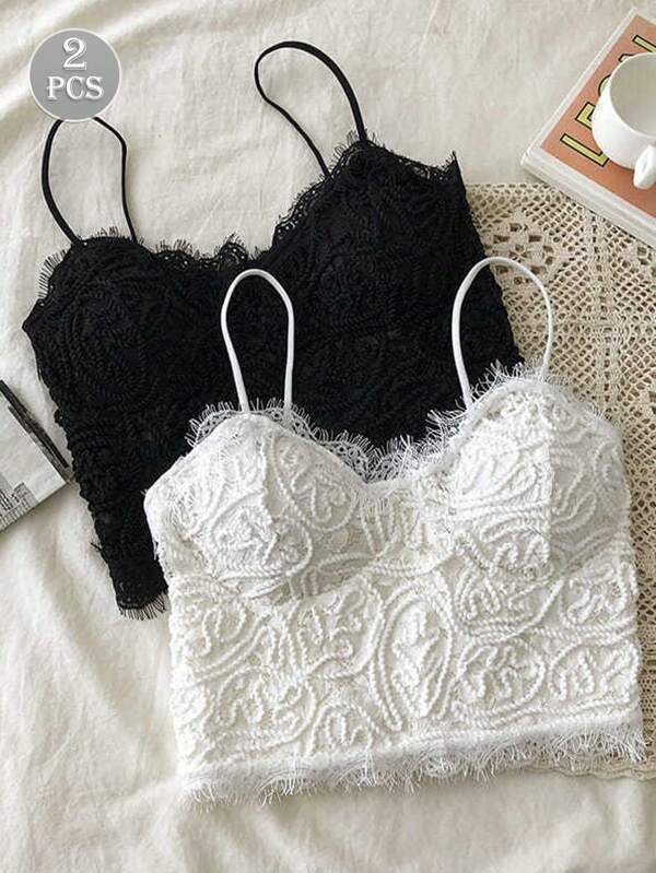 2pcs Lace Sexy Camisole Bra Top Underwear Layering Tank Tops, Backless Tube Crop Top Suitable For Wear As Outerwear