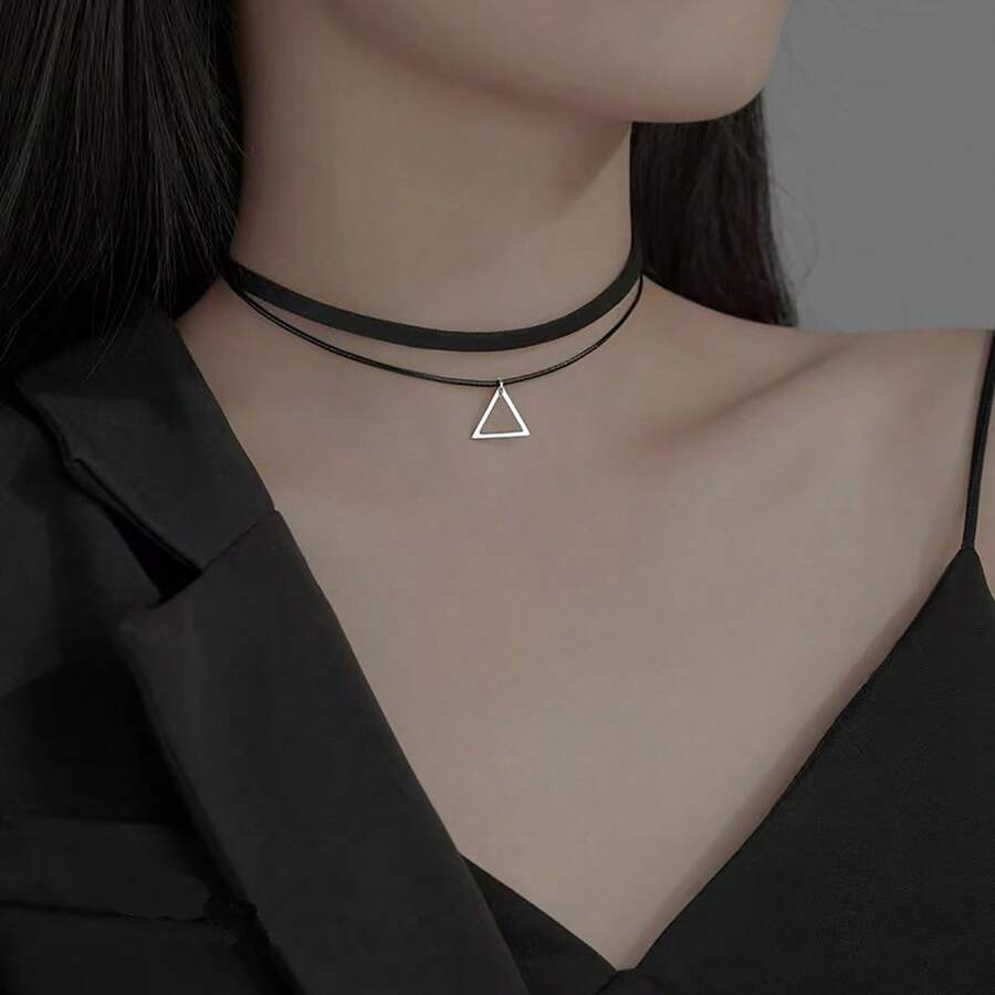1 chiếc vòng cổ choker hạt thép không gỉ hai lớp giả da lộn Punk dễ thương đa năng, dây xích xương đòn ngắn cho phụ nữ, đeo hàng ngày, kim loại không phai màu - màu đen - Xem 1