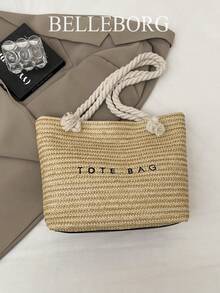 休闲度假大容量草编托特包，别致优雅的女士单肩手提包 - 黑色 - 查看 10