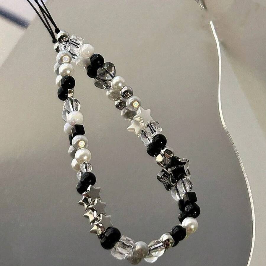 DIY 手工手机链，韩国 Ins 风格透明星星手机壳挂绳，酷黑色性感女士 DIY 串珠随机串珠相机带手机防丢绳，新款时尚优雅女士挂件 - 黑色 - 查看 1