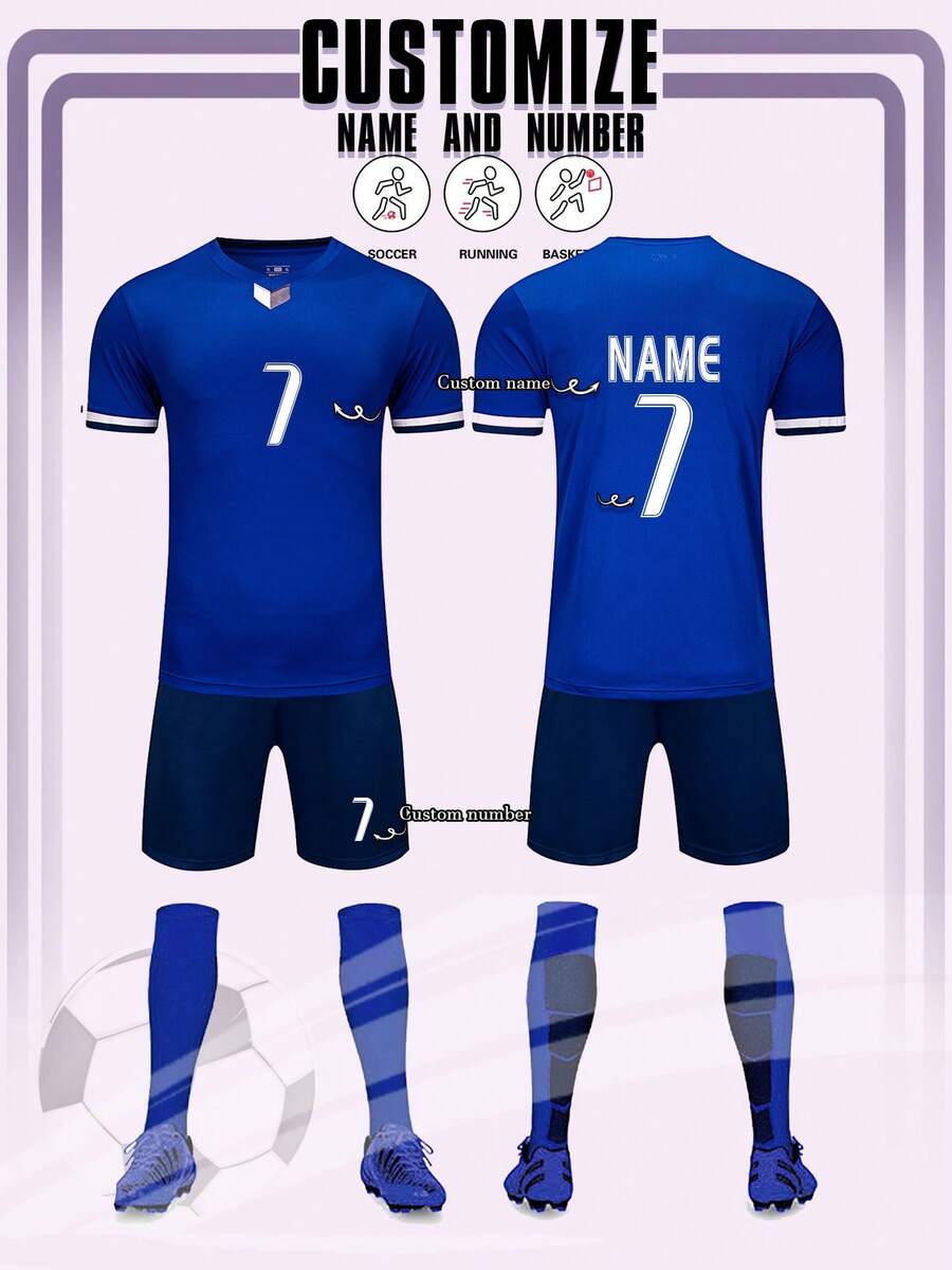 2 件男士足球球衣，个性化足球衫，皇家马德里皇家蓝足球服，男士运动服，健身跑步服，夏季男士 T 恤套装，足球球衣，定制巴塞罗那足球服，适合足球、羽毛球、篮球、骑行等日常穿着