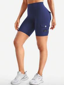 CoreFlex Women Workout Biker Shorts With Cargo Pockets Hidden Scrunch High Waisted 8 Inseam Gym Shorts - Navy - View 4