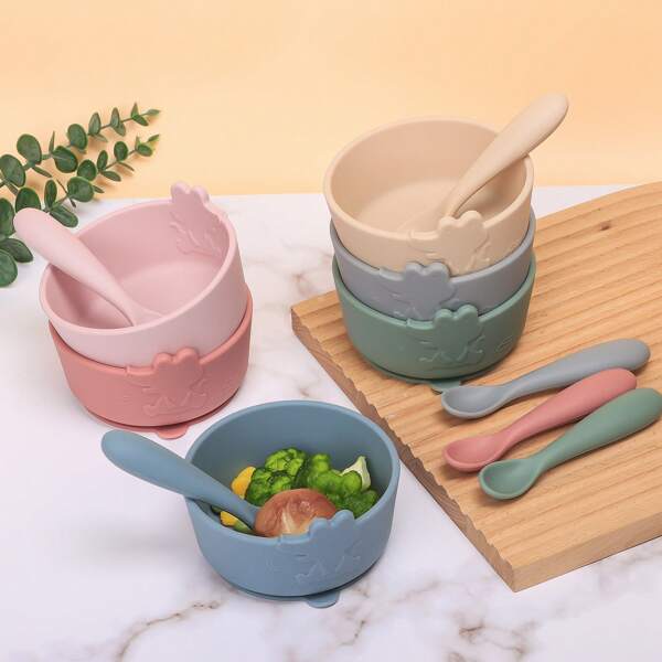 2 Pieces Baby Feeding Tableware Silicone Suction Cup Bowl Baby Food Spoon Children'S Baby Food Set Crocodile Theme
