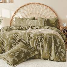Duvet Cover King Size, Reversible Floral Lavender Duvet Cover Set With Zipper Closure, 3 Pieces Botanical Patterns Soft Microfiber Bedding Set (90"X104", 2 Pillow Cases 20"*36") - 01 - 橄欖綠葉(無被子) - 查看 1