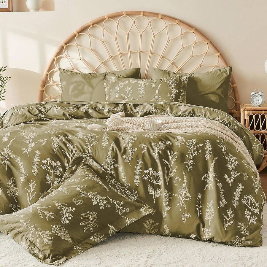 Duvet Cover King Size, Reversible Floral Lavender Duvet Cover Set With Zipper Closure, 3 Pieces Botanical Patterns Soft Microfiber Bedding Set (90"X104", 2 Pillow Cases 20"*36") - 01 - 橄欖綠葉(無被子) - 查看 1