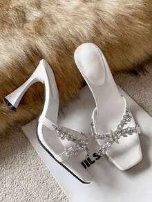 女士高跟拖鞋，2025年新款，缎面蹄形高跟水钻系带凉拖，性感露趾穆勒鞋