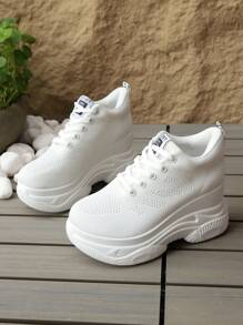 2025 Best Selling Lace-Up Thick Sole Platform Wedge Knit Breathable Women Casual Sports Sneakers, Versatile All Season