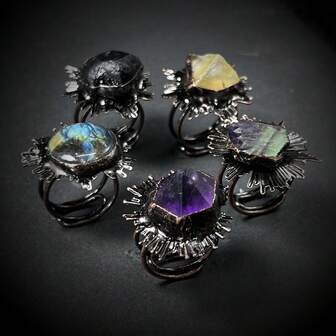 1pc Vintage Style Amethyst, Citrine, Fluorite, Black Meteorite & Feldspar Stone Ring, Random Color & Shape, Perfect Gift For Women Party