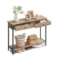 Mesa de Consola, Mesa de Entrada, Mesa de Sofá con 2 Cajones, Marco de Acero, Estable, para Pasillo, Dormitorio, Salón, Estilo Industrial, Marrón Camello y Negro Tinta - Camel - Ver 5