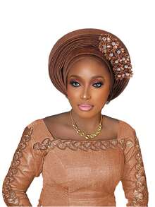 尼日利亚头带婚礼派对头饰优雅非洲头带头巾成品女士自动发带女式头巾 - 疊層黏花 - 查看 20