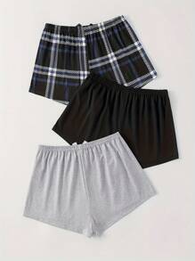 3-teiliges Damen Sommer Nachtwäsche Set: Bequeme und weiche Shorts, vielseitige Lässig Homewear Hosen, Sommer karierten Shorts mit Gummibund und Schleife für Teenager Mädchen Drei-Teiliges Set