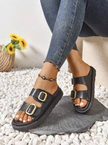 1 par de sandalias bohemias de suela gruesa con hebilla, para playa, resort, exterior, verano, moda, versátil, plataforma tipo chanclas