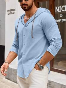 （节日服装）男士亚麻连帽长袖轻薄透气纽扣衬衫，休闲时尚上衣，适合日常通勤/海滩度假 - 藍色 - 查看 6