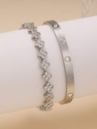 Simple Stylish 4-Leaf Clover Shape Zirconia Inlaid Stainless Steel Ladies Bracelet & Bangle Set, Suitable For Daily Wear, Party, Couples Dating, Gifting
