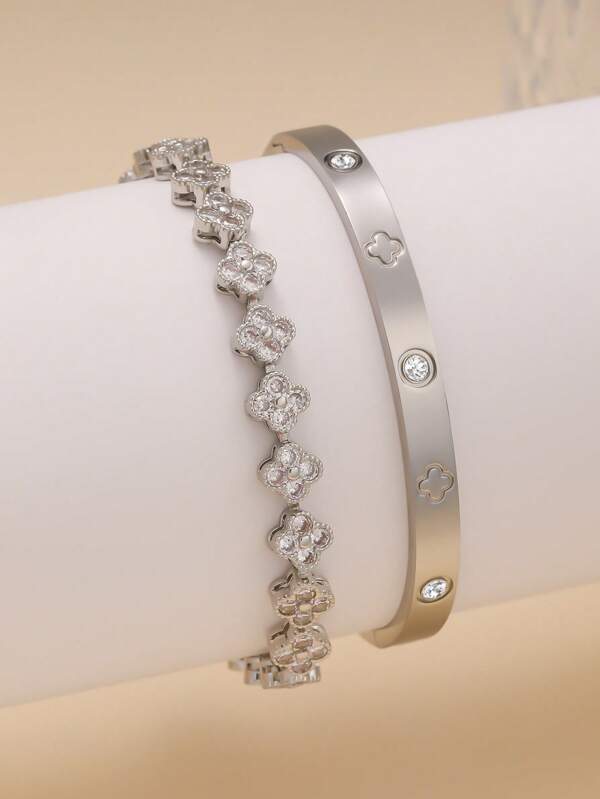 Conjunto Simples e Elegante de Pulseira e Bracelete de Aço Inoxidável com Incrustação de Zircônia em Formato de Trevo de Quatro Folhas, Adequado para Uso Diário, Festa, Casais, Presente