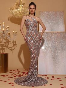 Vestido ceñido de malla transparente sin mangas con tirantes finos y lentejuelas, vestido de noche formal para mujer para invitada de boda, dama de honor, fiesta, vacaciones