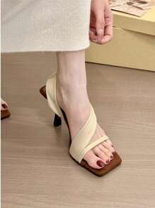 1 Pair Sexy, Fashionable, Versatile, New Style Strap High Heel Sandals In Beige, Black And Red With Invisible Bow Design