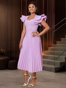 Women's Light Purple Square Neck Ruffle Sleeve Pleated Elegant Mid-Length Dress - Mauve Purple - View 3