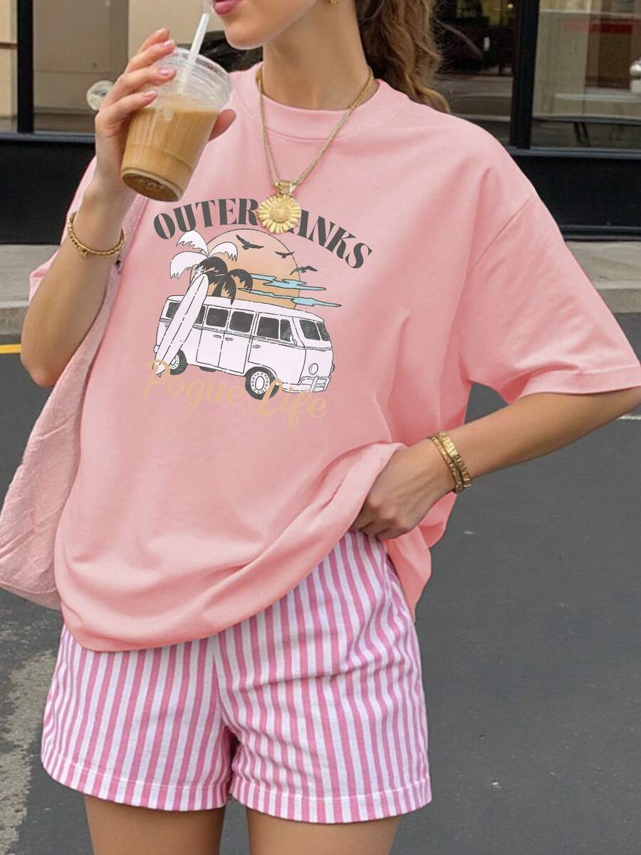 Printed Loose Women's Short Sleeve T-Shirt, Summer Style, Suitable For Chinese New Year, Lunar New Year, Year Of The Horse, Chinese New Year, Happy New Year, Valentine's Day, Valentine's Day Gift, Gift For Her On Valentine's Day, Etc. Back To School Clothes, School Outfit Ideas, Back To School Essentials, First Day Of School Outfit, Back To School Outfits 2026 - Pink - View 1