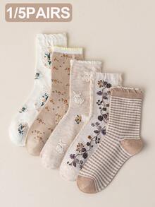 1/5 双透气、可爱、弹性舒适兔子、碎花、条纹图案蕾丝边中筒袜，适合春夏季女士 - 彩色 - 查看 2