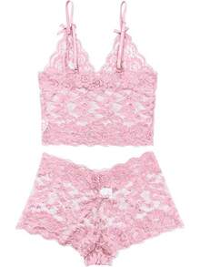 Floral Lace Lingerie Set High Waist Sleepwear Bra And Panty 2 Piece Nightwear 2025 Back-To-School Season Fall Pjs - 粉紅色領結 - 查看 5