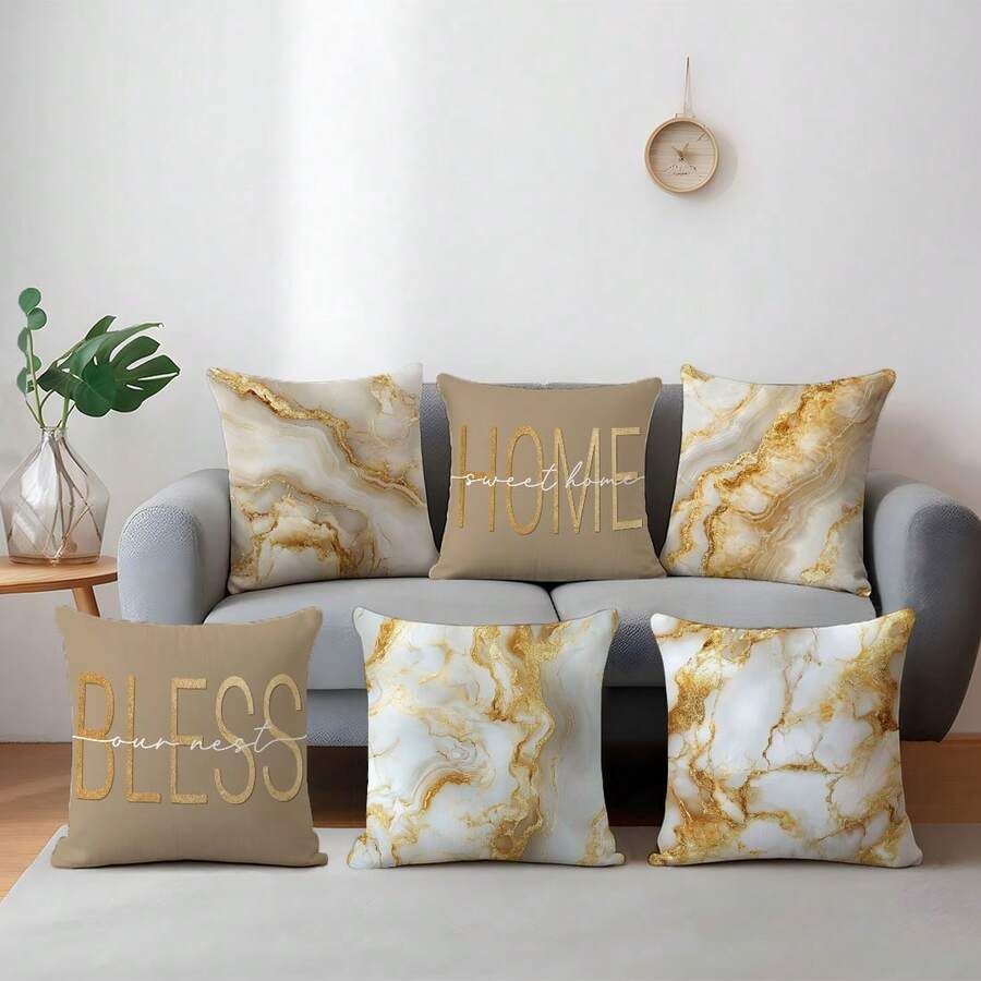 6件套简约家居黄色大理石纹抱枕套，单面印花桃绒面料，尺寸45*45/50*50/40*40厘米，适用于现代布艺沙发室内装饰、派对装饰、礼品 - 6pc-黃色 - 查看 1