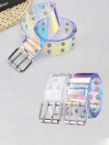 1pc Iridescent Laser Rivet Double Hole Belt, Transparent PVC Buckle Waist Belt For Girls, Simple And Versatile Punk Style Chain Leather Belt - Multicolor - View 2