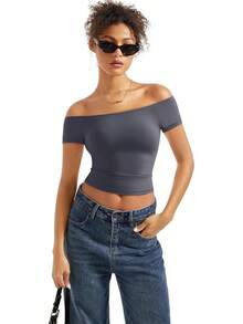 Women Double Lined Off Shoulder Tops Fitted Going Out Basic Shirts - Ash - View 5